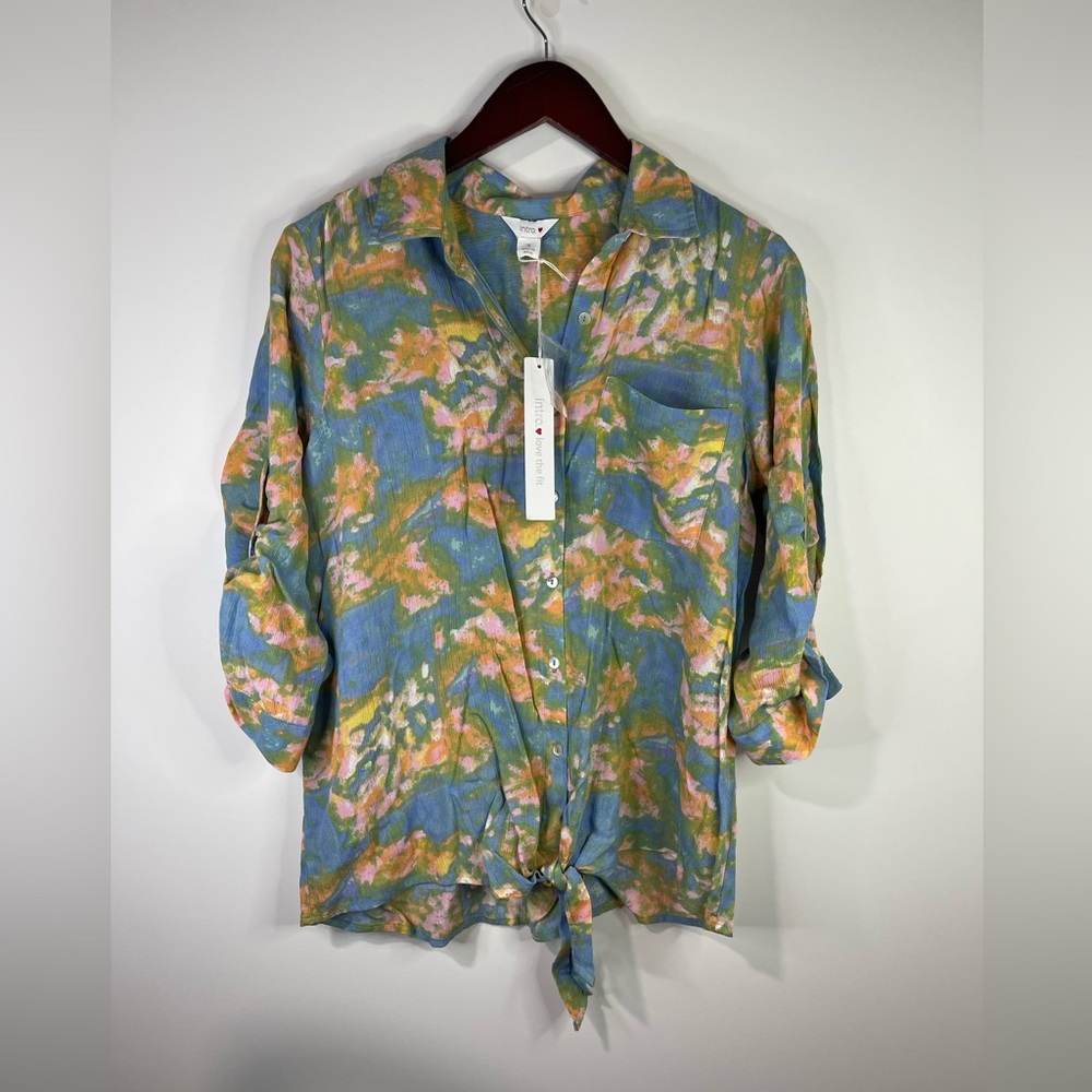 intro. Watercolor-Print Tie-Hem Shirt in Blue, Green & Pink  NWT